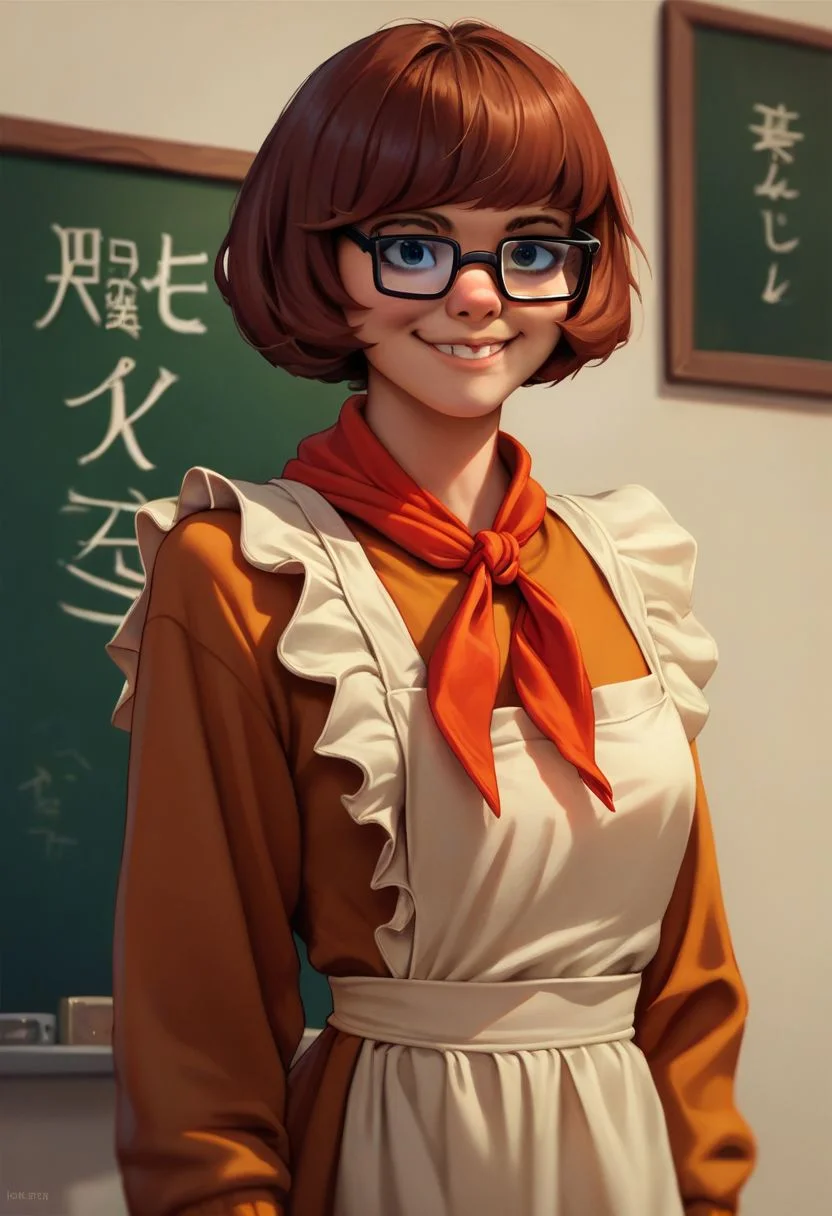 score_9, score_8_up,score_7_up, score_6_up, source_cartoon, solo, Soviet schoolgirl uniform, frilled apron, red neckerchief, smile, school blackboard,
velma dinkley, brown hair, glasses