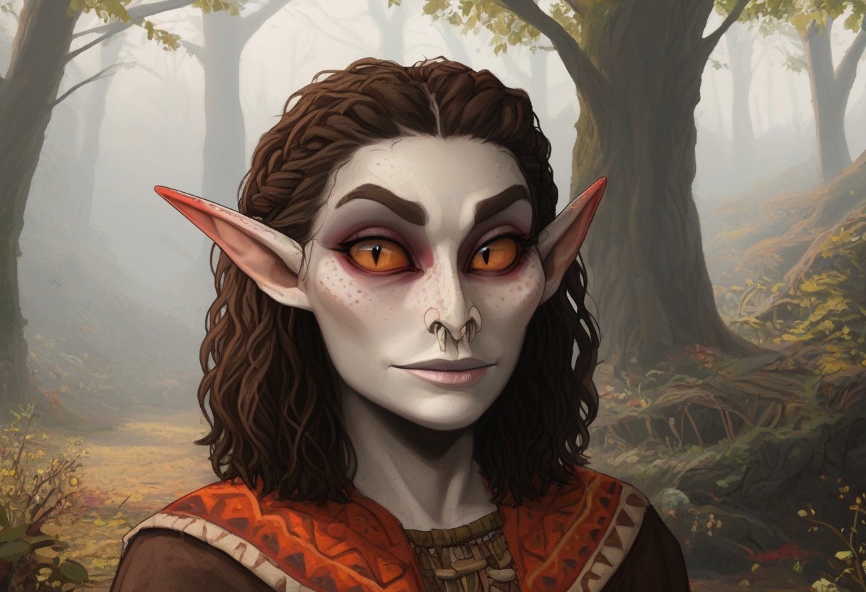 feminine, bosmer woman, fit body, bone masks, carved masks, painted masks, random face, colorful skin, pale tan skin, strong jawline, angular facial features, asymmetrical features, wide nose, fur mantle, rough leather clothes, female, archer's physique, joking demeanor, slightly pointed ears, pinned back ears, long face, very short ears, curved ears, scalloped ears, short ears, firbolg nose, uncanny features, snake nose, reptilian nose, realistic, long face, bosmer, alien, elongated head, flat nasal ridge, elongated skull, bony nose, slit nostrils, aquiline features, medium body hair, dunmer, creature, bony dermal ridges, rough complexion, body tattoos, native american tattoos, medium breasts, natural breasts, shapely figure, chiseled features, athletic build, weathered skin, large nose, animated realism, zoomed out, Inuit features, sage colored skin, pale skin, copper and jade clothes, dark orange sclera, saurian pupils, horizontal pupils, cuttlefish eyes, narrow eyes, dark red pupils, very slanted eyes, squinted eyes, double lidded eyes, eye membrane, slanted brows, bony brows, highly detailed, defined features, looking at viewer, from side, full body, zoomed out, dynamic lighting, 29 years old, light and shadows, jovial expression, expressive eyes, smiling, laughing, Native American pattern leather clothes, medium hair, elegant hairstyle, tribal hair, wavy hair, thick hair, braided hair, wild cut hair, semirealistic, alien elf, mongolian features, slavic features, aztec features, vibrant hair, colorful hair, sharp features, high detail, absurdres, intense eyes, detailed eyes, dark orange eyes, paleolithic clothes, Crowded village, dense redwood forest, intricate fur tents, bone furniture, masterpiece, Vilontrebramb, tree, outdoors, scenery, tree houses, elegant architecture
