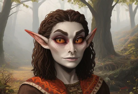 feminine, bosmer woman, fit body, bone masks, carved masks, painted masks, random face, colorful skin, pale tan skin, strong jawline, angular facial features, asymmetrical features, wide nose, fur mantle, rough leather clothes, female, archer's physique, joking demeanor, slightly pointed ears, pinned back ears, long face, very short ears, curved ears, scalloped ears, short ears, firbolg nose, uncanny features, snake nose, reptilian nose, realistic, long face, bosmer, alien, elongated head, flat nasal ridge, elongated skull, bony nose, slit nostrils, aquiline features, medium body hair, dunmer, creature, bony dermal ridges, rough complexion, body tattoos, native american tattoos, medium breasts, natural breasts, shapely figure, chiseled features, athletic build, weathered skin, large nose, animated realism, zoomed out, Inuit features, sage colored skin, pale skin, copper and jade clothes, dark orange sclera, saurian pupils, horizontal pupils, cuttlefish eyes, narrow eyes, dark red pupils, very slanted eyes, squinted eyes, double lidded eyes, eye membrane, slanted brows, bony brows, highly detailed, defined features, looking at viewer, from side, full body, zoomed out, dynamic lighting, 29 years old, light and shadows, jovial expression, expressive eyes, smiling, laughing, Native American pattern leather clothes, medium hair, elegant hairstyle, tribal hair, wavy hair, thick hair, braided hair, wild cut hair, semirealistic, alien elf, mongolian features, slavic features, aztec features, vibrant hair, colorful hair, sharp features, high detail, absurdres, intense eyes, detailed eyes, dark orange eyes, paleolithic clothes, Crowded village, dense redwood forest, intricate fur tents, bone furniture, masterpiece, Vilontrebramb, tree, outdoors, scenery, tree houses, elegant architecture