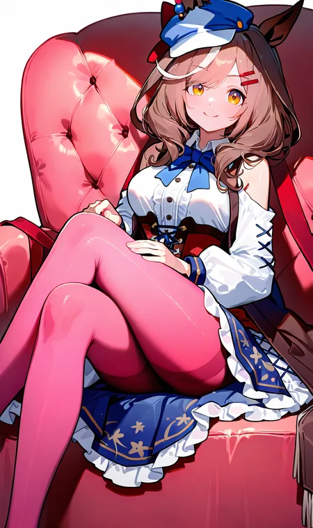 <lora:senie-000014:1>,1girl,simple background,white background,pink_thighhighs,sitting,pantyhose,crossed legs,smile,on couch,couch,matikane tannhauser \(umamusume\),, masterpiece, best quality, very aesthetic, absurdres,newest, incredibly absurdres,