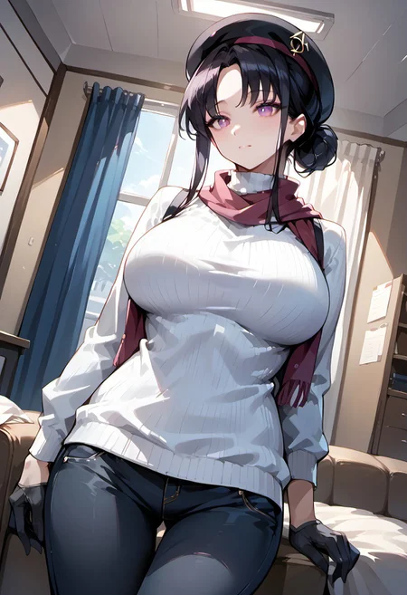 score_9, score_8_up, score_7_up, score_6_up, 1girl, source_anime,
1girl, Hina,
haircut bangs, hair bun, large breasts, turtleneck sweater, black jeans, black gloves, scarf, beret,
Indoors, living room,
Dutch angle,