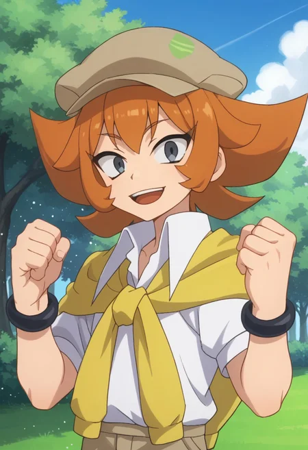 score_9, score_8_up, score_7_up, source_anime, highly detailed,
ranma, 1boy, male focus, solo, orange hair, hat, brown headwear, grey eyes, shirt, white shirt, short sleeves, sweater, yellow sweater, sweater around neck, bracelet, shorts, brown shorts, upper body, smile, smile, happy, clenched hands, hands up, sparkles, open mouth, looking at viewer, excited
outdoor, sky, tree, cloud