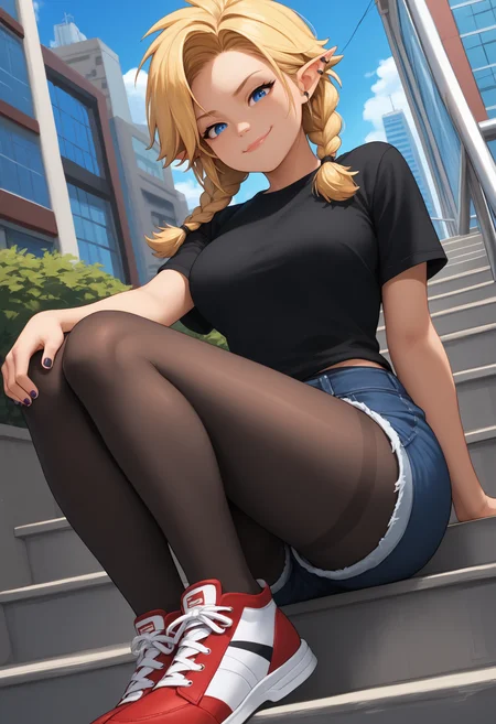 score_9, score_8_up, score_7_up, 1girl, sasro, pointy ears, blue eyes, ear piercing, blonde hair, medium hair, swept bangs, twin braids, large breasts, toned, purple nails, black nails,
graphic tee, black t-shirt, denim shorts, pantyhose under shorts, pantyhose, red sneakers,
looking at viewer, smug, sitting, hugging own legs,
outdoors, city, stairs, dutch angle, low-angle view,
<lora:Sassy-Ronin-PDXL_V1-Manityro-CAME:1.0>,