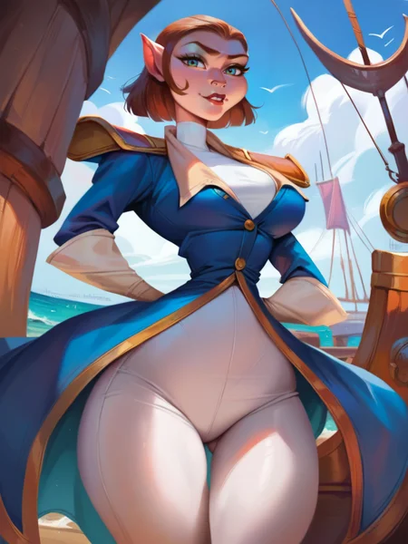 score_9, score_8_up, score_7_up, score_6_up, 1girl, blue jacket, coat, white pants, thigh boots, epaulettes, elbow gloves, curvy, big breasts, narrow waist, wide hips, thick thighs, looking at viewer, dynamic angle, cowboy shot, sexy, forest, disney, realistic, realism, pixar, ship, sea, cute pose, open clothes, 
 <lora:CaptainAmeliaXLP_Character:1> AmeliaCapXLP