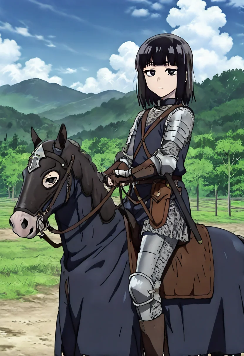 masterpiece, best quality, absurdres, detailed skin, detailed eyes, anime colored, anime screencap,
<lora:Suzushiro_Hatsuka_IL-000008:0.8>, 1 boy, femboy, Suzushiro Hatsuka, black hair, black eyes, looking at viewer, expressionless, chainmail,
<lora:Riding_horse_with_Caparison:0.9>, ((horsewithcaparison)), riding, horseback riding,
from side, outdoors,