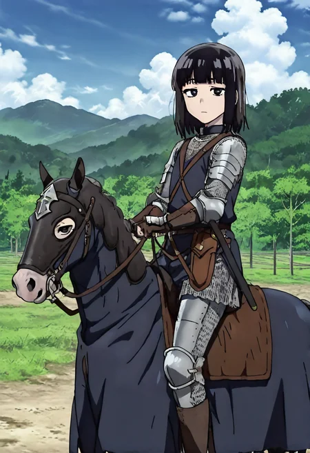 masterpiece, best quality, absurdres, detailed skin, detailed eyes, anime colored, anime screencap,
<lora:Suzushiro_Hatsuka_IL-000008:0.8>, 1 boy, femboy, Suzushiro Hatsuka, black hair, black eyes, looking at viewer, expressionless, chainmail,
<lora:Riding_horse_with_Caparison:0.9>, ((horsewithcaparison)), riding, horseback riding,
from side, outdoors,