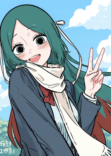 1girl,
jingwei \(feiren zai\),
DAI \(style\),illustration \(feiren zai\),
solo,day,sky,small breasts,v,looking at viewer,blush,smile,open mouth,bow,jacket,school uniform,upper body,:d,outdoors,teeth,cloud,bowtie,scarf,red bow,dated,upper teeth only,blue jacket,red bowtie,white scarf,fringe trim,green hair to red hair,multicolored hair,two-tone hair,black eyes,green eyes,parted bangs,
this work is part of the "feiren zai" series,featuring a character named jingwei. jingwei is a petite adult woman with green hair and a red end.
,very awa,masterpiece,best quality,amazing quality,very aesthetic,absurdres,highres,newest,year 2024,
<lora:DAI_v21_d_v17_noobaiXLNAIXLV101-000150:0.85>,   <lora:frz_wlq_v5_d_v4_noobaiXLNAIXLV101:0.4>, <lora:frzjingwei_v9_d_v6_noobaiXLNAIXLV101:1>