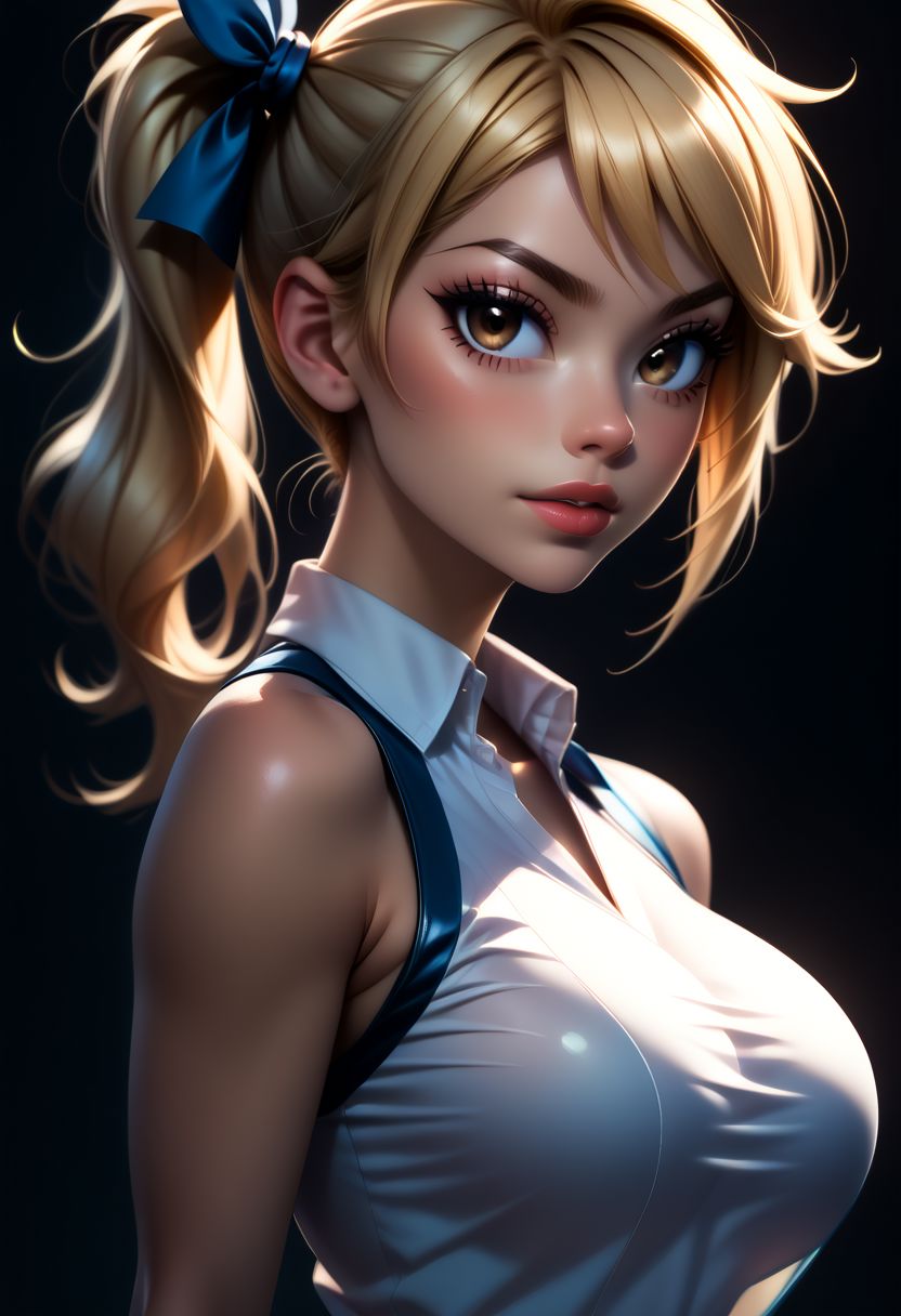 score_9, score_8_up, score_7_up, score_6_up, score_5_up, score_4_up score_9,score_8_up, digital art, upper body shot, realistic 3D illustration, 
BREAK, 
aaLucy, brown eyes, hair ribbon, side ponytail, blonde hair, long hair, large breasts, white shirt, sleeveless,
BREAK, 
soft lighting, contemplative expression, dark background, subtle makeup, high-resolution, detailed texture, emotional depth, dramatic mood, side profile, serene atmosphere, cinematic lighting. perfectly round breasts, big breasts, firm breasts, SkinHairDetail, eye contact, looking at viewer,