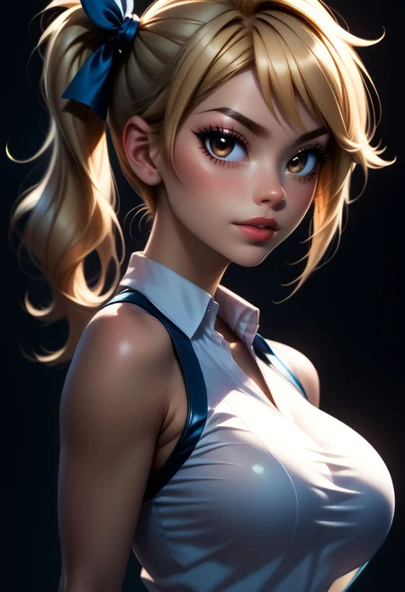 score_9, score_8_up, score_7_up, score_6_up, score_5_up, score_4_up score_9,score_8_up, digital art, upper body shot, realistic 3D illustration,
BREAK,
aaLucy, brown eyes, hair ribbon, side ponytail, blonde hair, long hair, large breasts, white shirt, sleeveless,
BREAK,
soft lighting, contemplative expression, dark background, subtle makeup, high-resolution, detailed texture, emotional depth, dramatic mood, side profile, serene atmosphere, cinematic lighting. perfectly round breasts, big breasts, firm breasts, SkinHairDetail, eye contact, looking at viewer,