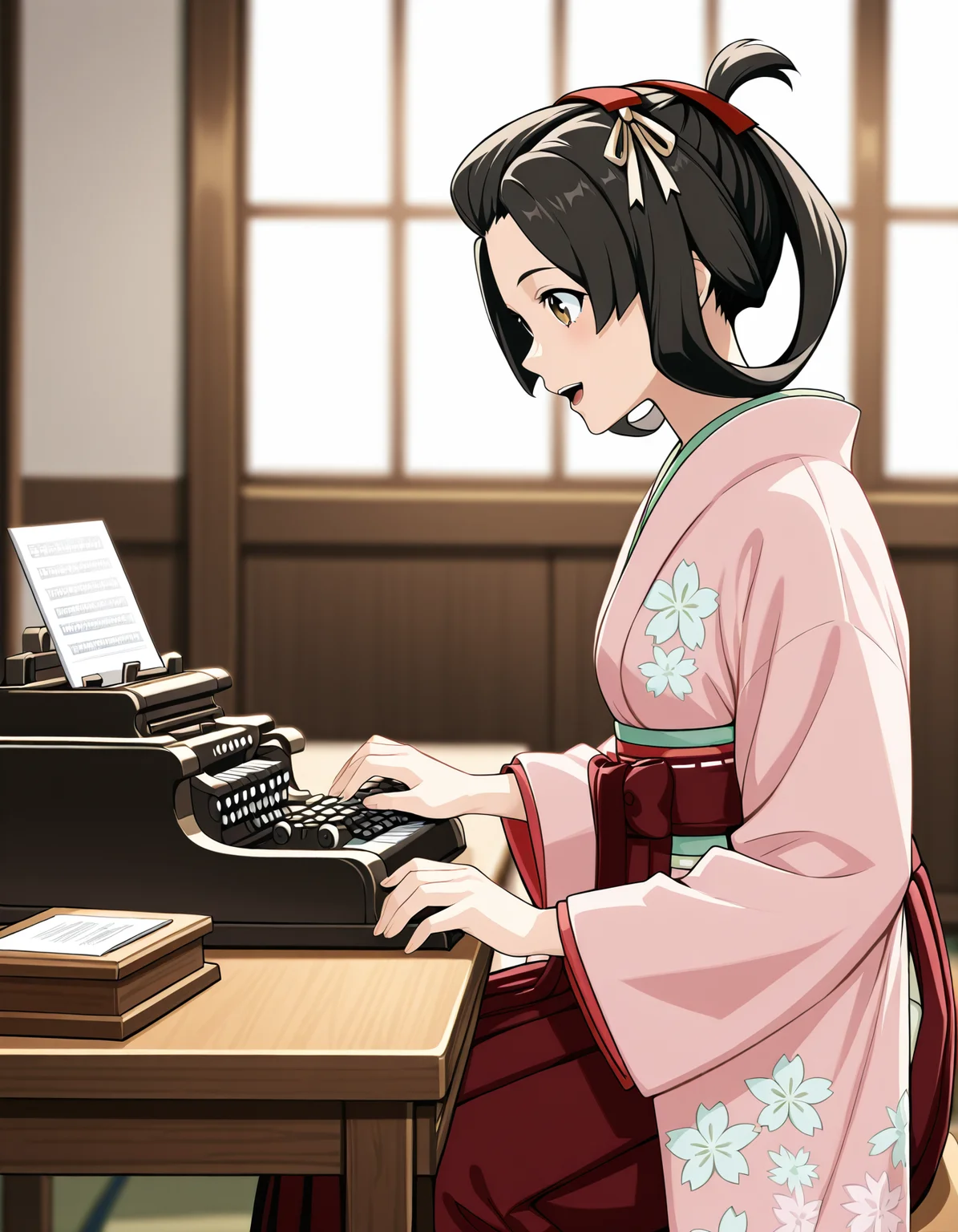 <lora:susato-and-gina-gyakuten-illustrious-000015:1>  susato mikotoba, black hair, brown eyes, japanese clothes, red hakama, hakama skirt,  pink kimono, wide sleeves
1girl, solo, excited, sitting, indoors, typewriter, typing, desk, from side, blurry background