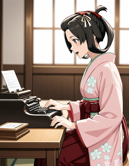 <lora:susato-and-gina-gyakuten-illustrious-000015:1> susato mikotoba, black hair, brown eyes, japanese clothes, red hakama, hakama skirt, pink kimono, wide sleeves
1girl, solo, excited, sitting, indoors, typewriter, typing, desk, from side, blurry background