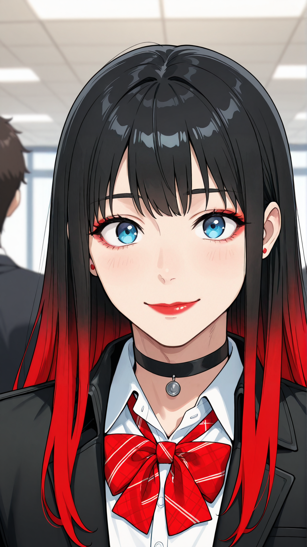 masterpiece, high quality
, eyes at viewer, looking at viewer, smile,
office background, alone
mouth closed, smile, joy
front view, upper body focus, solo
black jacket, ((red western plaid bowtie)), white shirt, uniform, black choker, red stud earrings, 1male
long hair, multicoloured hair, black hair, gradient hair, red hair,blue eyes, bangs, red lips, makeup, two-tone hair <lora:Tsubaki_wb:0.65>