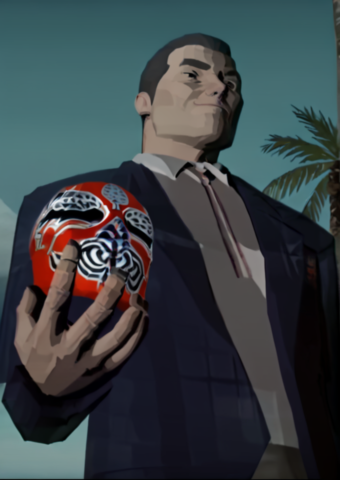 score_8_up, score_7_up, source_game, game screenshot, rating_safe, Y00nHyUn, holding mask,  mask off, elderly male, neutral expression, dark hair, black eyes, blue suit jacket, white shirt, luchador mask, upper body, ps1 graphics, low poly, old 3D, cell shaded, yoonhyun, outdoors, at the beach, palmtrees  <lora:Yoon_Hyun_-_Killer7_2005_-_Pony:1.0>