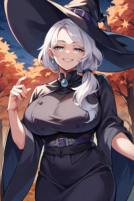score_9, score_8_up, score_7_up, score_6_up, source_anime, 1girl, solo <lora:willowschnee-pdxl-nvwls-v1-000008:1> rbWillow, white hair, mature female, large breasts, witch hat, black hat, black robes, wide sleeves, night, autumn, looking at you, happy, smug,