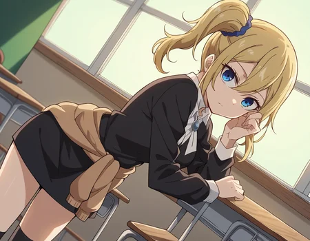 score_9, score_8_up, score_7_up, source_anime,
aihayasaka, <lora:ai-hayasaka-s3-ponyxl-lora-nochekaiser:1>,
ai hayasaka, bangs, blue eyes, blonde hair, hair ornament, hair between eyes, sidelocks, side ponytail, scrunchie, hair scrunchie, blue scrunchie,
shirt, long sleeves, school uniform, shoes, socks, sweater, cardigan, black socks, clothes around waist, shuuchiin academy school uniform, sweater around waist, cardigan around waist,
indoors, classroom, bent over,
looking at viewer, cowboy shot, dutch angle, solo,