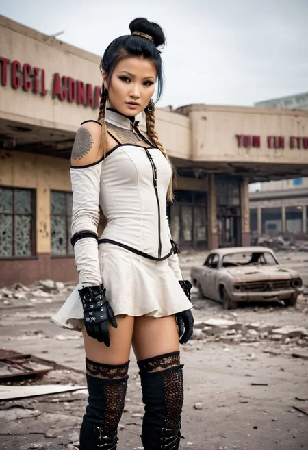 Kelly Hu, Petite, asian, darkskin,blonde hair, 18 year old Chinese woman, flat chested, earrings, eye liner, tattoos, double bun, 4k, very detailed, 80sgirlpearl, Scarlett, eyeliner, ((blonde hair)), BREAK, medic in a dusty war-torn city, steampunk, full body portrait, dystopian, post-apocalyptic, (detailed face, detailed eyes, (pale skin:1.2)), intense detail, highly detailed, sharp focus, thigh-high socks, (long gloves:1.4), portrait, F/2.4, photograph, detailed skin, realistic, photo-realistic, 8k, highly detailed, full length frame, High detail RAW color art, piercing, diffused soft lighting, shallow depth of field, sharp focus, cinematic lighting), set in a post-apocalyptic abandoned shopping plaza, broken storefront windows, debris-filled dried fountain, abandoned cars. masterpiece, best quality,Abandoned Hospital, corneo_x_pasties