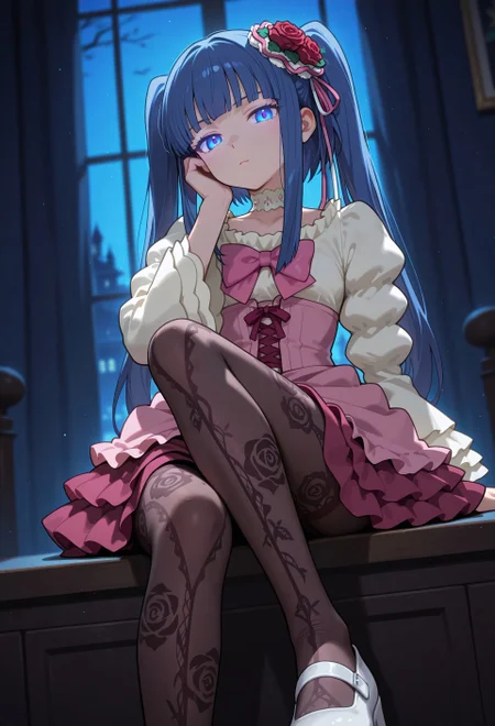 BREAK close-up:0.5, depth of field, ambience sense, crisp detail, crisp edges, harsh lighting, harsh shadows, anime eyes, detailed anime eyes

BREAK furudo erika,long hair,twintails,blue hair,blue eyes,rose,hair flower,hair ribbon,pink dress,corset,pink bow,frills,wide sleeves,puffy sleeves,lace choker,floral print pantyhose,white shoes, black pantyhose,style_name, 748cmstyle

BREAK night, indoors, dark, very dark, glowing eyes, emotionless, hand on own face, looking at viewer, blurry background

BREAK very awa, masterpiece, amazing quality, absurdres, newest, very aesthetic
