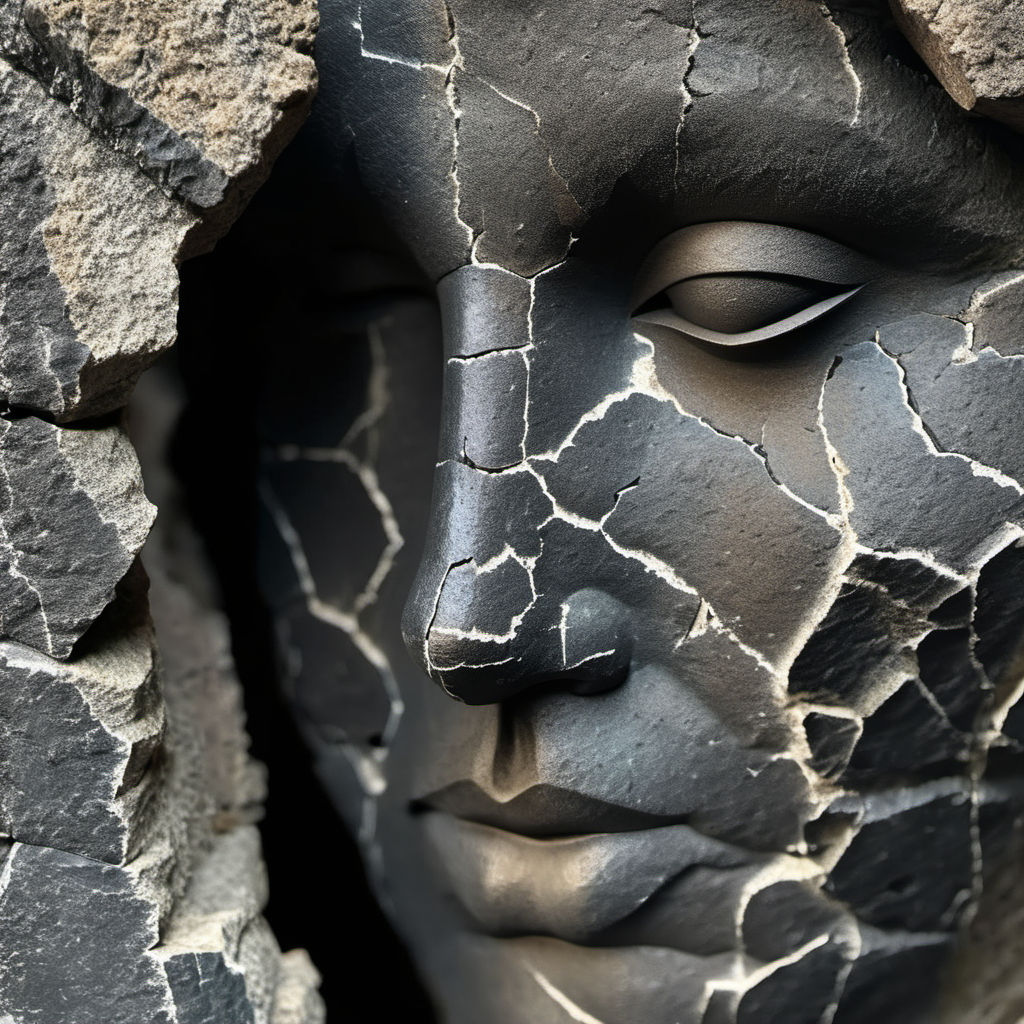 cinematic photo (sculpture beautiful face:1.3), cracked sandstone weathered, dark, simple background
 <lora:sandstone-SDXL-m:1> . 35mm photograph, film, bokeh, professional, 4k, highly detailed