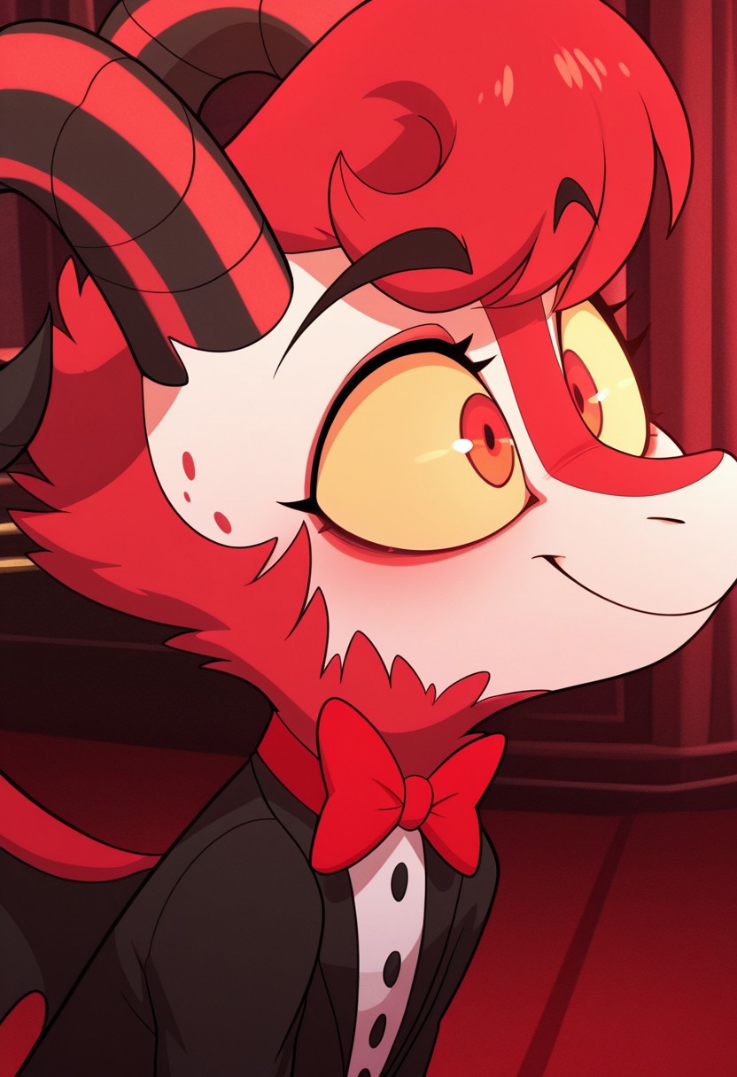 masterpiece, best quality, amazing quality, dazzle, solo, 1boy, Demon, goat horns, yellow sclera, red Eyes, Demon wings, red fur, tuxedo, red bowtie, bara, close-up, smile
