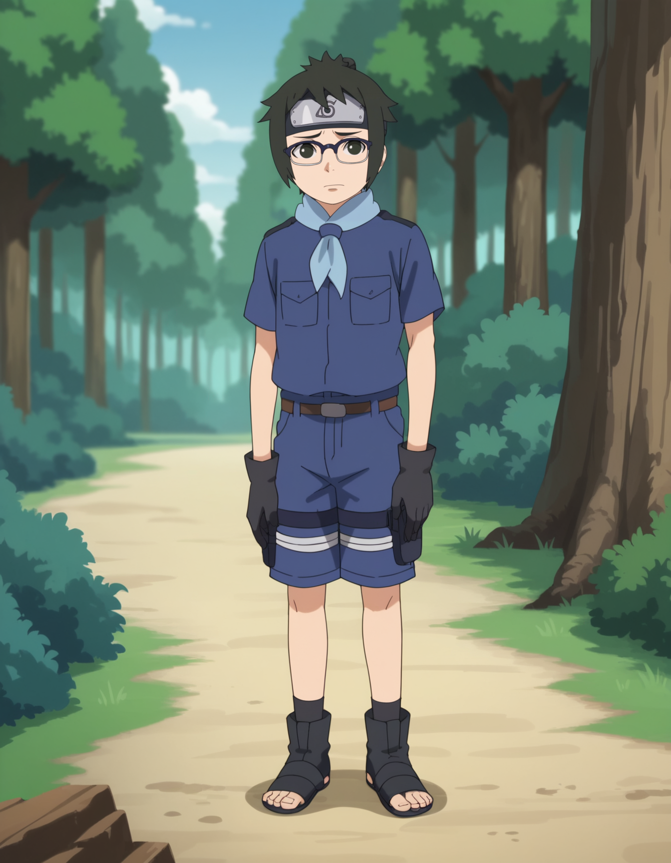 score_9, score_8_up, score_7_up, source_anime,anime screencap,anime coloring,
uncensored,
denki,1boy, glasses,black hair,black eyes,blue-framed eyewear,
blue shirt, forehead protector,konohagakure symbol,shorts,black gloves,short sleeves,toeless footwear,black footwear,
standing, solo focus,
perfect anatomy,
scenery,outdoors,forest,
<lora:Denki_Kaminarimon:0.9>