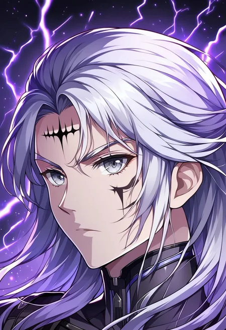 Calcharo, wuthering waves, black clothes,grey eyes, face tattoo,looking at camera, surrounded by purple electricity, detailed, masterpiece, Expressiveh, 8k, uhd,Calcharo, wuthering waves, white hair, long white hair, face tattoo, bodysuit, grey eyes, black clothes, eyesHD, high gradient eyes, detailed eyes, high definition eyes