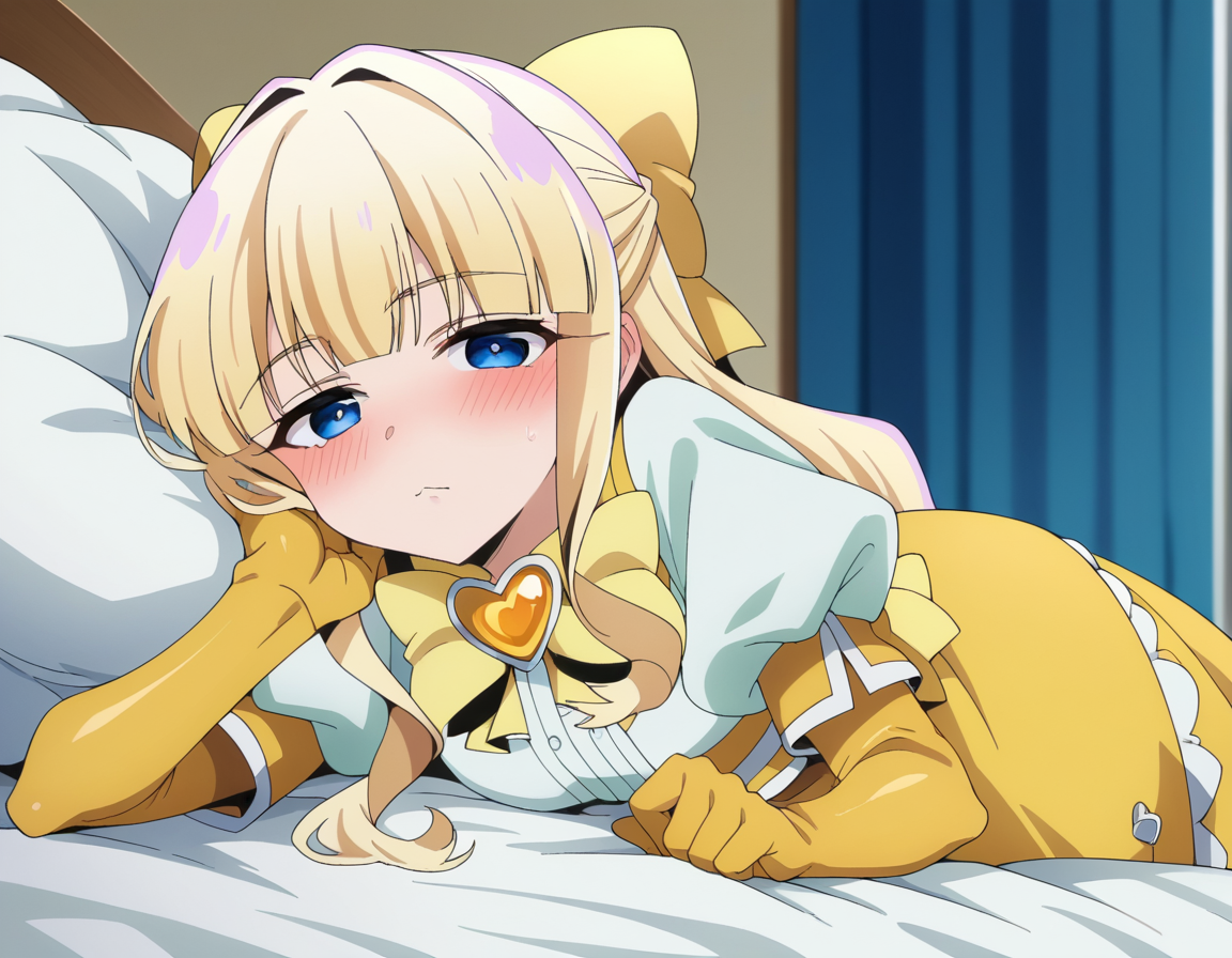 score_9, score_8_up, score_7_up, source_anime,
kaorukotenkawa, <lora:kaoruko-tenkawa-ponyxl-lora-nochekaiser:1>
kaoruko tenkawa, long hair, blue eyes, blonde hair, bow, hair bow, yellow bow,
gloves, dress, heart, elbow gloves, magical girl, yellow gloves,
indoors, bed, bed room, on side, blush, drunk,
looking at viewer, dutch angle, cowboy shot