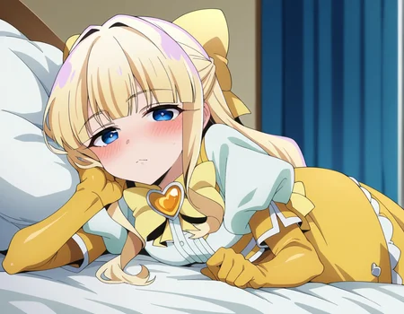 score_9, score_8_up, score_7_up, source_anime,
kaorukotenkawa, <lora:kaoruko-tenkawa-ponyxl-lora-nochekaiser:1>
kaoruko tenkawa, long hair, blue eyes, blonde hair, bow, hair bow, yellow bow,
gloves, dress, heart, elbow gloves, magical girl, yellow gloves,
indoors, bed, bed room, on side, blush, drunk,
looking at viewer, dutch angle, cowboy shot