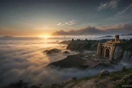 Abandoned mysterios ancient city in foggy on the sea's coast at sunrise, in water stand cliffs and rocks, style by Lovecraft, meticulous, intricate, entangled, intricately detailed