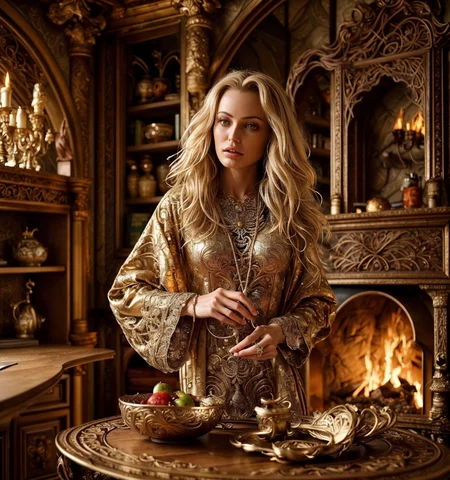 RAW photo, (masterpiece:1.3), subsurface scattering, heavy shadow, (high quality:1.4), (intricate, high detail:1.2), professional photography, HDR, High Dynamic Range, realistic, ultra realistic, photorealistic, high resolution, film photography, ambient lighting, atmospheric effects, <lora:detail_slider_v4:2>, OverallDetail, Abby, <lora:Abby:0.88>, as an elven sorceress, wearing intricate robes, jewelry, <lora:ElvenInterior:0.85>, elfint, a small elven wizard study, table, chair, bookshelf, cupboard, fireplace, epiCPhoto, <lora:zoom_slider_v1:2>, <lora:cleavage:-1>