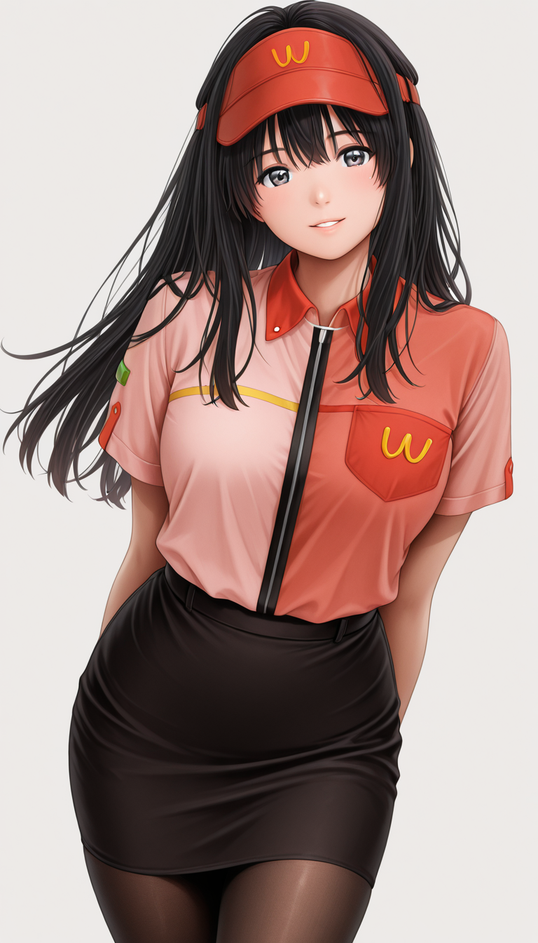 lazypos, masterpiece, best quality, amazing quality, very aesthetic, absurdres, newest, (detailed eyes:1.4), ((ultra detailed hair:1.4)), ((dynamic angle))
BREAK
1girl, ((solo)),
<lora:Miyamoto_Madoka_-_å½¼ã¨ãããã¨åºé·ã®æ·±å¤å¤å:1>, Shiny Hair
((black hair)),
employee uniform,pink and red shirt, Black pencil skirt with yellow stripes, red visor cap with "W" logo, pantyhose
BREAK
blank background,
kind smile,
looking at viewer,
Close-up face,
Hibiscus in full bloom,
kind smile, seductive smile, parted lips, Thighs