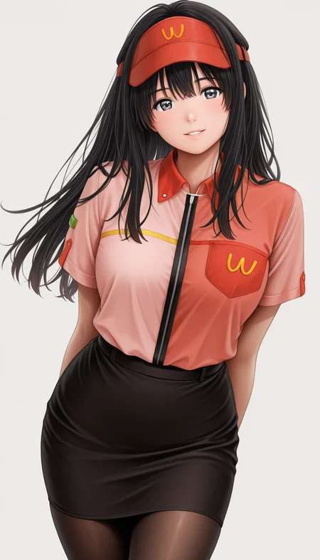 lazypos, masterpiece, best quality, amazing quality, very aesthetic, absurdres, newest, (detailed eyes:1.4), ((ultra detailed hair:1.4)), ((dynamic angle))
BREAK
1girl, ((solo)),
<lora:Miyamoto_Madoka_-_å½¼ã¨ãããã¨åºé·ã®æ·±å¤å¤å:1>, Shiny Hair
((black hair)),
employee uniform,pink and red shirt, Black pencil skirt with yellow stripes, red visor cap with "W" logo, pantyhose
BREAK
blank background,
kind smile,
looking at viewer,
Close-up face,
Hibiscus in full bloom,
kind smile, seductive smile, parted lips, Thighs