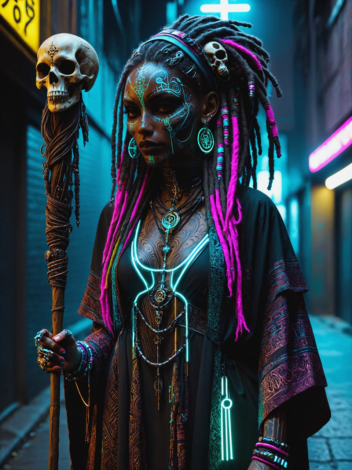woman, cyberpunk, dark alley way, face paint, staff, skulls, kaftan, hat, dread locks, dark skin, mad-vdprst , night, neon light <lora:Neon_Cyberpunk_Voodoo_Mage_SDXL:1>, (masterpiece:1.2), best quality
