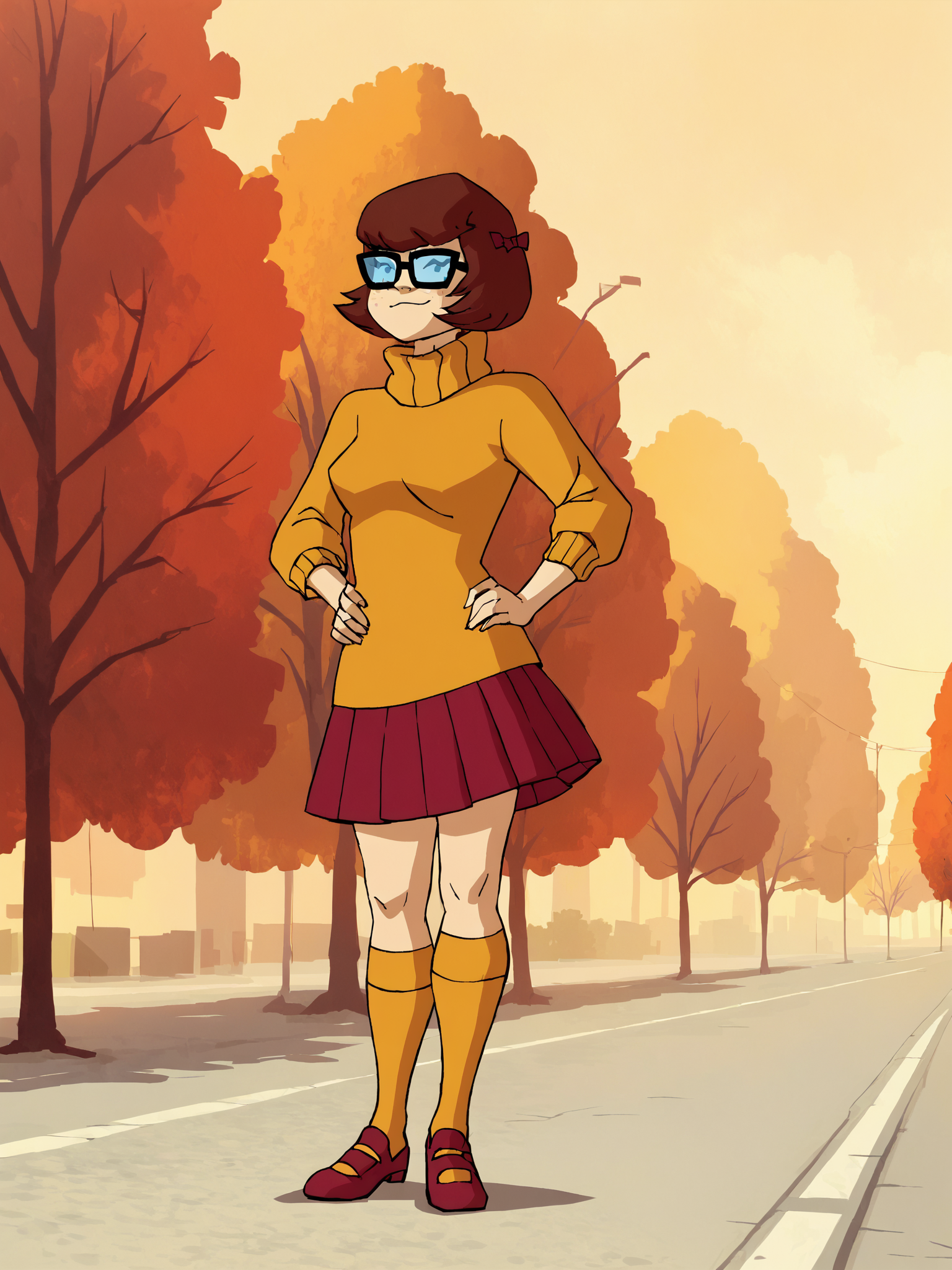 <lora:VelmaMysteryIPony1.0:1> velmad, 1girl, short hair, black eyes, orange turtleneck, black-framed eyewear, brown hair, solo, hair bow, red skirt,tree,  freckles, orange socks, red footwear, score_9, score_8_up, score_7_up, score_6_up, score_5_up, score_4_up, smile, outdoors, looking at viewer, hand on own hip,