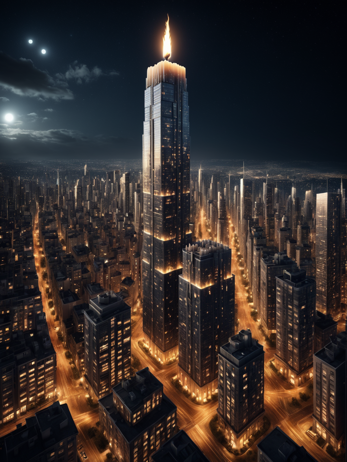 city scape of highrise made of mad-candle, busy streets, stary night <lora:Candles_SDXL:0.5>, (masterpiece:1.2), best quality, (hyperdetailed, highest detailed:1.2), high resolution textures