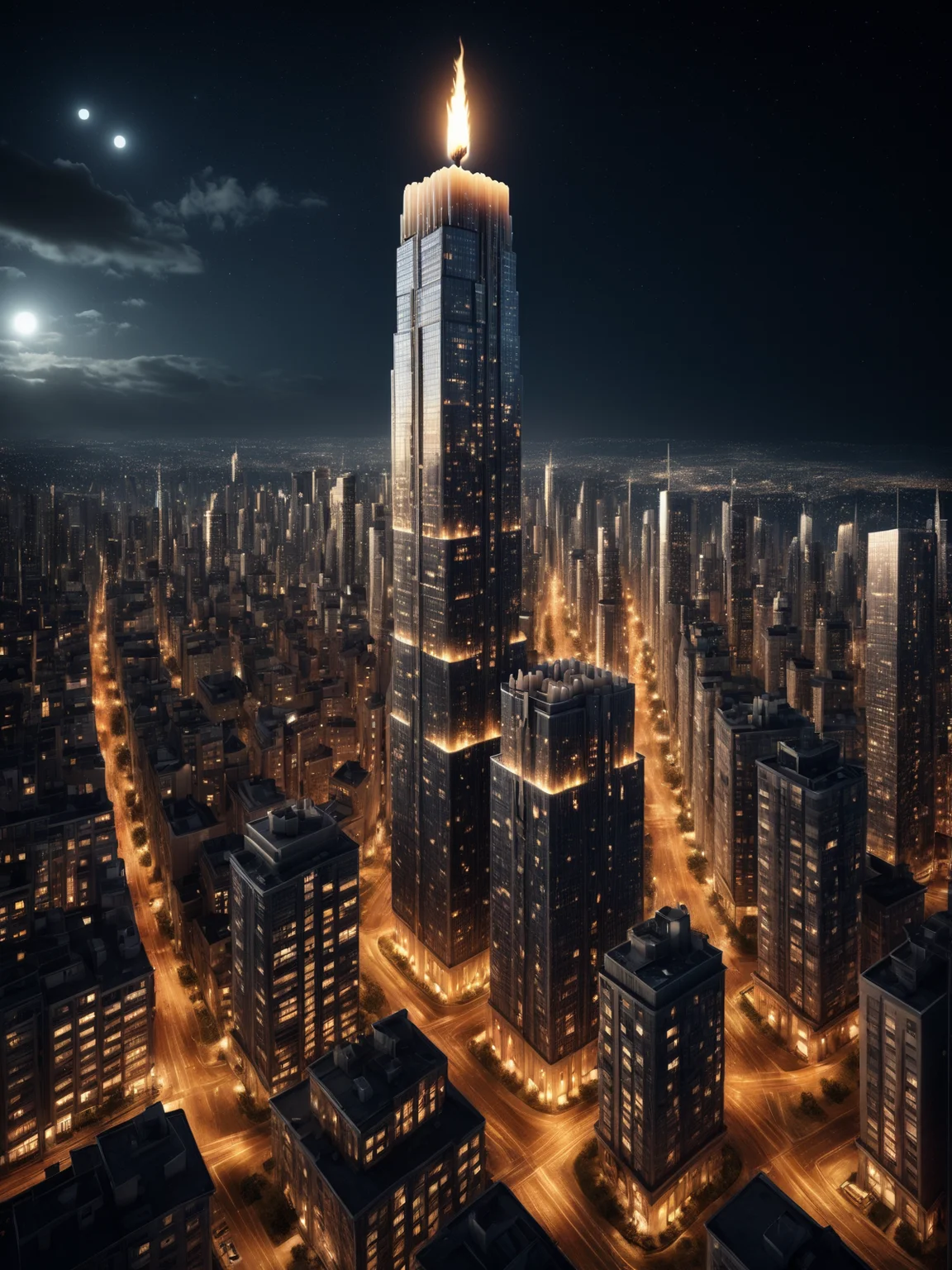 city scape of highrise made of mad-candle, busy streets, stary night <lora:Candles_SDXL:0.5>, (masterpiece:1.2), best quality, (hyperdetailed, highest detailed:1.2), high resolution textures