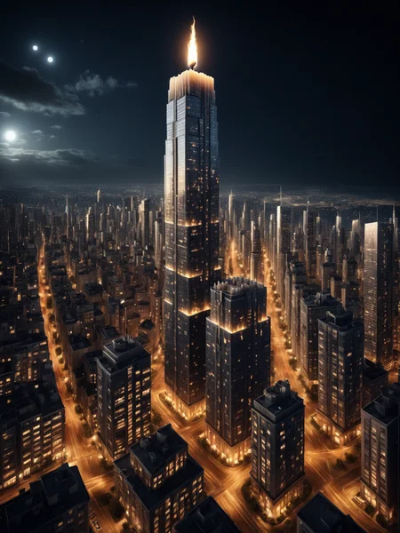 city scape of highrise made of mad-candle, busy streets, stary night <lora:Candles_SDXL:0.5>, (masterpiece:1.2), best quality, (hyperdetailed, highest detailed:1.2), high resolution textures