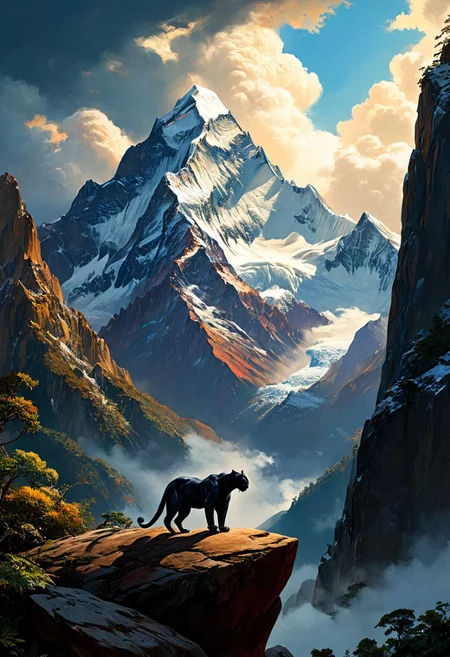 (oil painting:1.5), (artist:Albert Bierstadt), (long view:1.3), (black panther:2), (rocky boulder:1.5), (edge of a cliff:1.7), (majestic:1.5), (powerful:1.8), (sleek:1.3), (dusky lighting:1.6), (shadow depth:1.4), (Mount Everest:1.5), (snow-capped peaks:1.3), (white fluffy clouds:1.4), (blue sky:1.2), (western art style coloring:1.6), (rich earthy tones:1.4), (vibrant contrasts:1.5), (lush vegetation:1.2), (rocky terrain:1.3), (light and shadow interplay:1.7), (atmospheric:1.5), (moody:1.6), (cinematic:1.8), (painterly brushstrokes:1.4), (texture:1.3), (realism:1.5), (grand composition:1.6) --ar 16:9 --v 5.2 --q 2