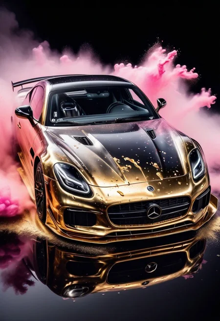 GOLD LIQUID METAL sports car, race car, racing through SILVER LIQUID METAL, liquid metal sprays up from the cars tyres, Car drifting in a black void, huge colourful powder Explosion above the car