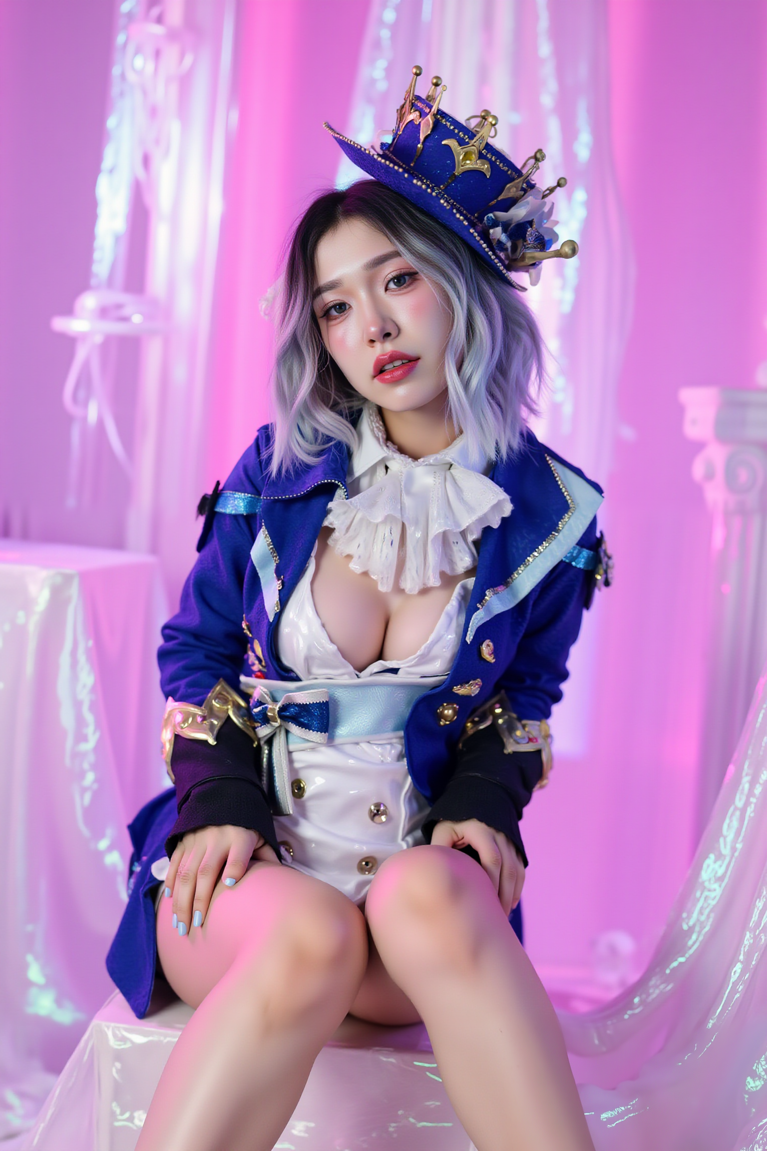 A high-resolution photograph of a young woman seated on the floor, one leg fully extended outward while the other knee is bent, foot flat against the floor. Her torso is slightly twisted toward the camera, hands naturally placed beside her hips, creating a dynamic yet elegant silhouette. Soft lighting captures her calm, expressive features.

She is wearing SGWN34Clothing, a blue and gold crown with intricate details, a matching blue coat with gold accents, a white corset, and thigh-high boots.. Her makeup is dramatic, with dark eyeliner and bold, glossy pink lips. 

The lighting features a high-contrast, monochromatic white color scheme that creates a moody, intimate atmosphere. 

The photography technique uses what appears to be soft lighting to create a glamorous effect, with careful attention to highlighting contours while maintaining the dominant light pink color scheme throughout the frame.

The overall aesthetic combines elements of fashion photography, traditional Asian visual motifs, and contemporary boudoir styling. The dramatic light pink lighting creates a cohesive visual theme that ties all elements of the composition together.

The white light emit on her to show her feature.