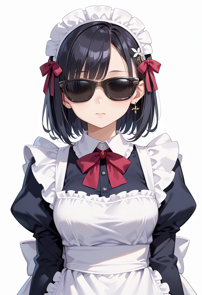 score_9, score_8_up, score_7_up, rating_safe, masterpiece, best quality, absurdres, unity 8k wallpaper, official art, official style, source_anime, uncensored, game cg, megami magazine,
1girl, solo, black hair, medium hair, upper body, covered eyes,maid, maid headdress, black dress, maid apron, face focus,
sg_WAYFARER, sunglasses, covered eyes, white background, simple background, 
 <lora:glasses_wayfarer_PONY_V1:1>