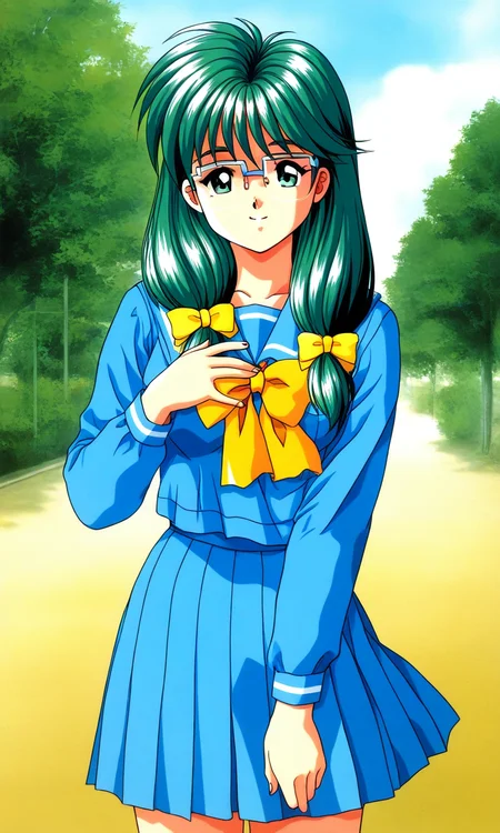 general,highres, ultra-detailed,very aesthetic,best quality ,best hands, BREAK <lora:Kisaragi_Mio_Tokimeki_Memorial_Ver2.0_IS:1>semi-rimless eyewear,
Kisaragi_Mio(Tokimeki_Memorial), 1girl, solo, green hair, twintail, long hair, green eyes, hair over shoulder, Yellow bow, hair bow, low-tied long hair, medium breasts,
school uniform, light blue serafuku, blue skirt, Yellow bow, hand on own chest, sailor collar, light blue sailor collar, smile, long sleeves, pleated skirt,
outdoor, tree, sky,