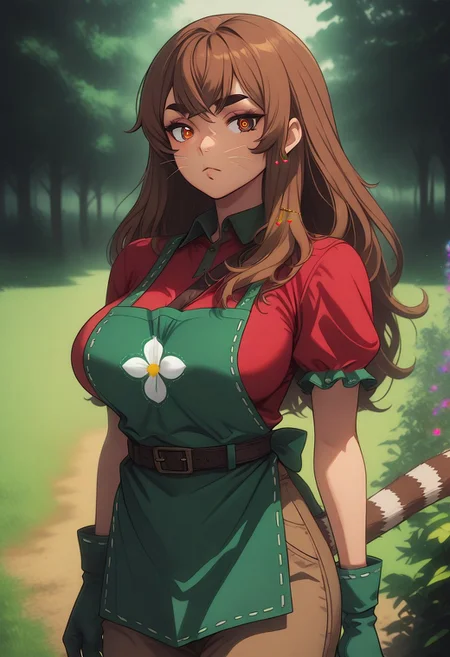 masterpiece, best quality, amazing quality, very aesthetic, absurdres, highres, newest, GLSHS, partially illuminated, Kakomi, ringed eyes, orange eyes, two-tone hair, brown hair, long hair, crossed bangs, hair over breasts, thick eyebrows, cherry hair ornament, cherry earrings, whiskers, tail, striped tail, large breasts, green apron, floral print apron, print apron, collared shirt, red shirt, short sleeves, frilled sleeves, green gloves, belt, strap between breasts, brown pants, dramatic lighting, cinematic, garden, flower, scenery, tree,