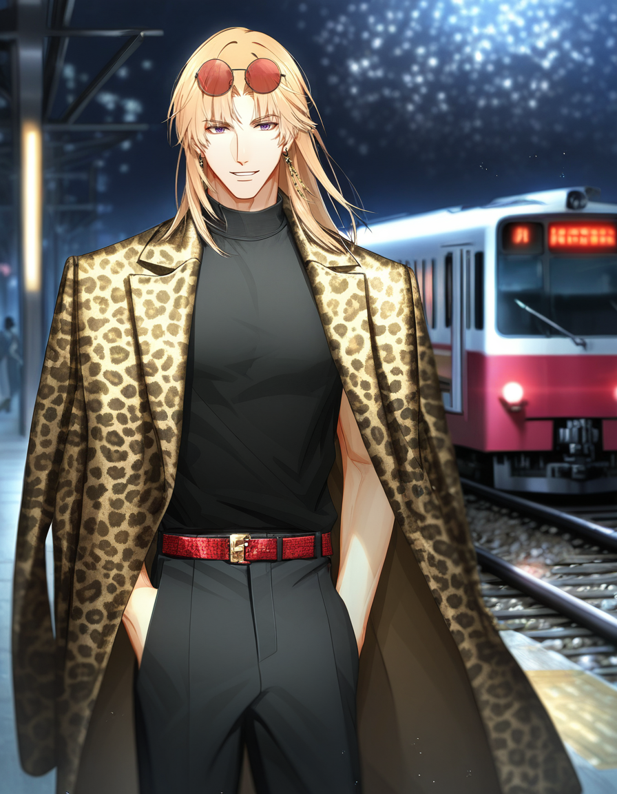masterpiece, best quality, absurdres,  1boy, solo, BREAK male focus, purple eyes, (long hair, blonde hair, bangs), leopard print coat over shoulders, muscular, open black shirt, jewelry, earrings, (round eyewear, red sunglasses, eyewear on head), black pants, red belt, shoes, smile, parted lips, BREAK train station, night, city, cowboy shot, standing, looking at viewer, ikemenboys, lightandnight,  <lora:IkemenBoys_Illustrious:0.95>