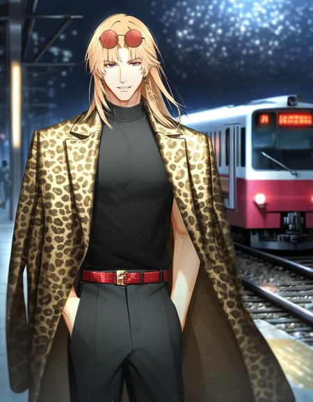masterpiece, best quality, absurdres, 1boy, solo, BREAK male focus, purple eyes, (long hair, blonde hair, bangs), leopard print coat over shoulders, muscular, open black shirt, jewelry, earrings, (round eyewear, red sunglasses, eyewear on head), black pants, red belt, shoes, smile, parted lips, BREAK train station, night, city, cowboy shot, standing, looking at viewer, ikemenboys, lightandnight, <lora:IkemenBoys_Illustrious:0.95>