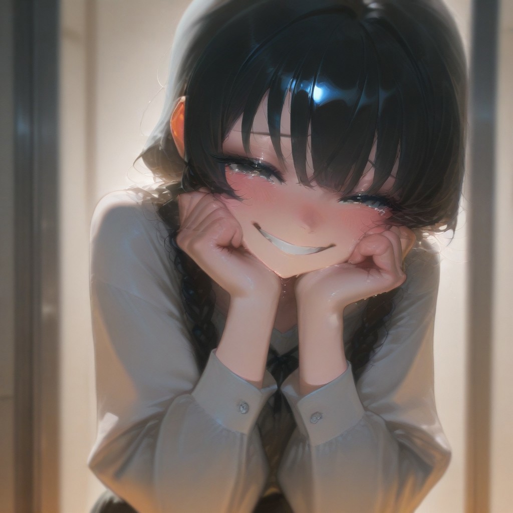 masterpiece, best quality, 1girl, solo, long hair, blush, smile, happy, tear, crying, black hair