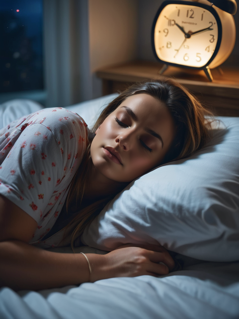 photo of a girl lying in bed while sleeping at midnight stock photo sleepy woman laying in bed, in the style of uhd image, photo-realistic compositions, traditional, associated press photo, high quality photo