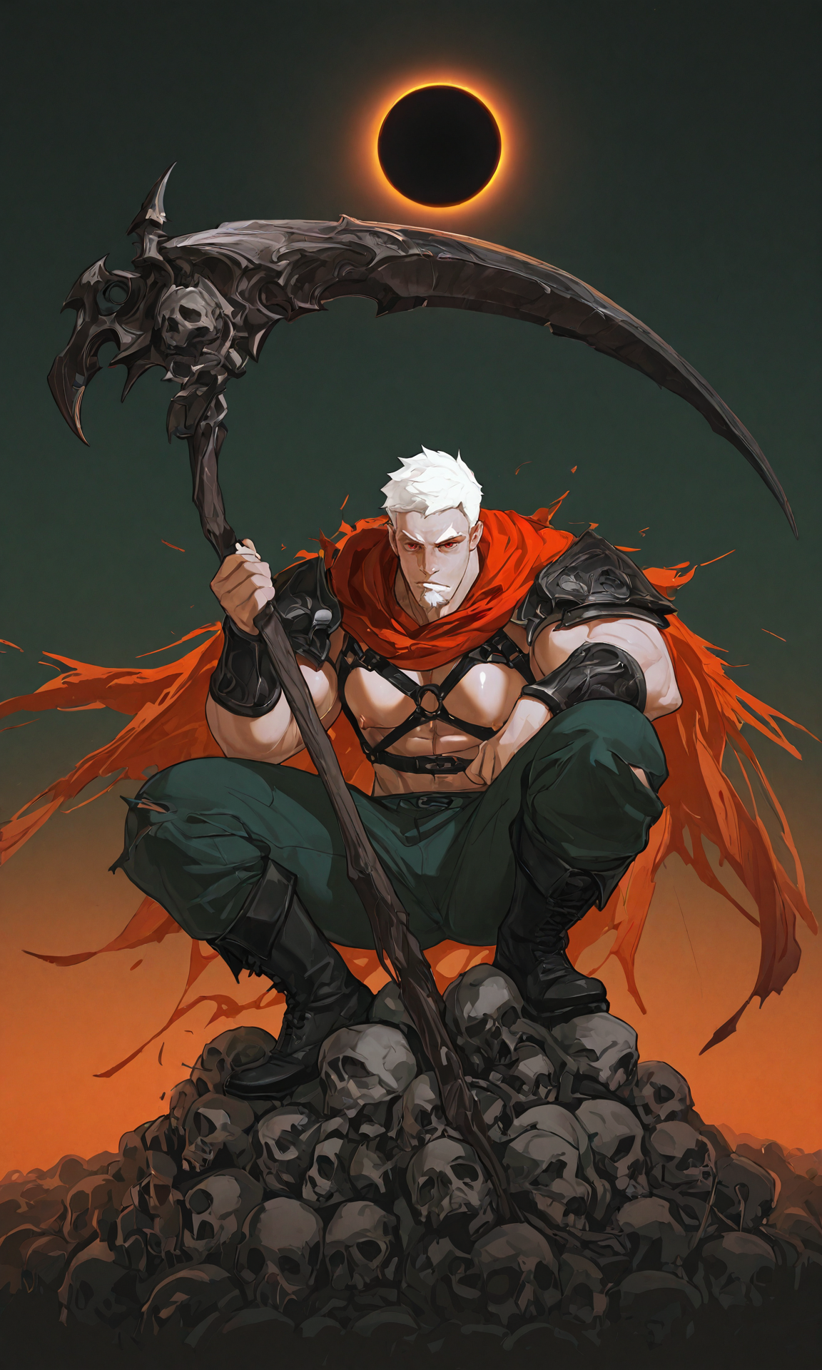 1boy, male focus, bara, muscular, large pectorals, puffy nipples, white hair, goatee, red eyes, torn red cape, shoulder armor, bracer, harness, dark green pants, black boots, squatting, sitting, holding ornate scythe, on a pile of skulls, reaper, necromancer, somber expression, simple orange background, eclipse, abstract, spot color, orange and black theme, dark, film grain, cinematic, fantasy, epic, brushstrokes, dynamic angle, wide angle, very awa, masterpiece, best quality, absurdres, newest, perfect quality, detailed background, intricate details, (artist:gomihebi:0.8), (artist:tooboshoo:0.7), (artist:dizdoodz:0.8)