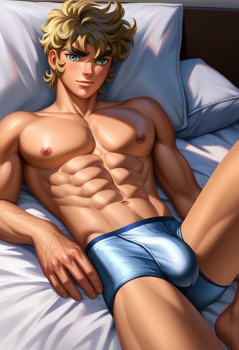 score_9, score_8_up, score_7_up, 1boy, solo, male focus, Jabu, dark blonde hair, wavy hair, bangs, hair between eyes, green eyes, light skin, thick eyebrows, young man, dynamic angle, looking at viewer, male model laying on bed, leaning back, pillows, slim muscular, gay, homoerotic, confident, abs, pecs, nipples, sexy v-line, tight underwear, bulge, pubic hair, relaxed and carefree vibe, indoors, bedroom, high quality, realistic, hd render, retro artysle, anime source, 1980's style, 1980's anime,