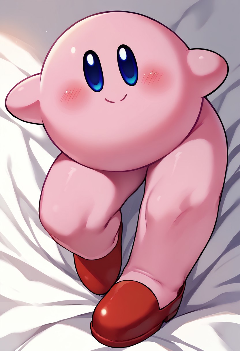 score_9, score_8_up, score_7_up BREAK LongKirby, dark blue eyes, pink body, blush, red shoes, smiling at viewer,
