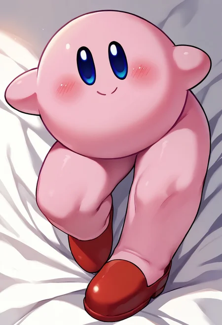 score_9, score_8_up, score_7_up BREAK LongKirby, dark blue eyes, pink body, blush, red shoes, smiling at viewer,